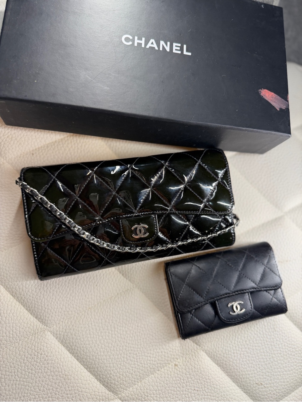 CHANEL Black Quilted Patent Leather Chain Wallet and Lambskin Card Case
